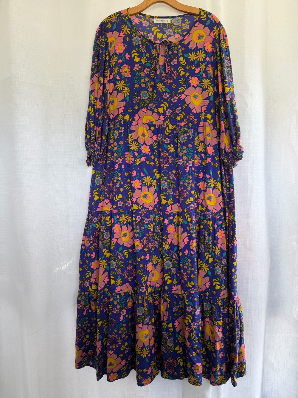 Natural Life Women’s L Floral Tiered Maxi Dress Boho Peasant Blue Pink